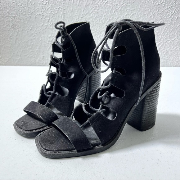 ASOS Black Faux Suede Lace Up Peep Toe Block Heels Size 6 - Picture 2 of 14